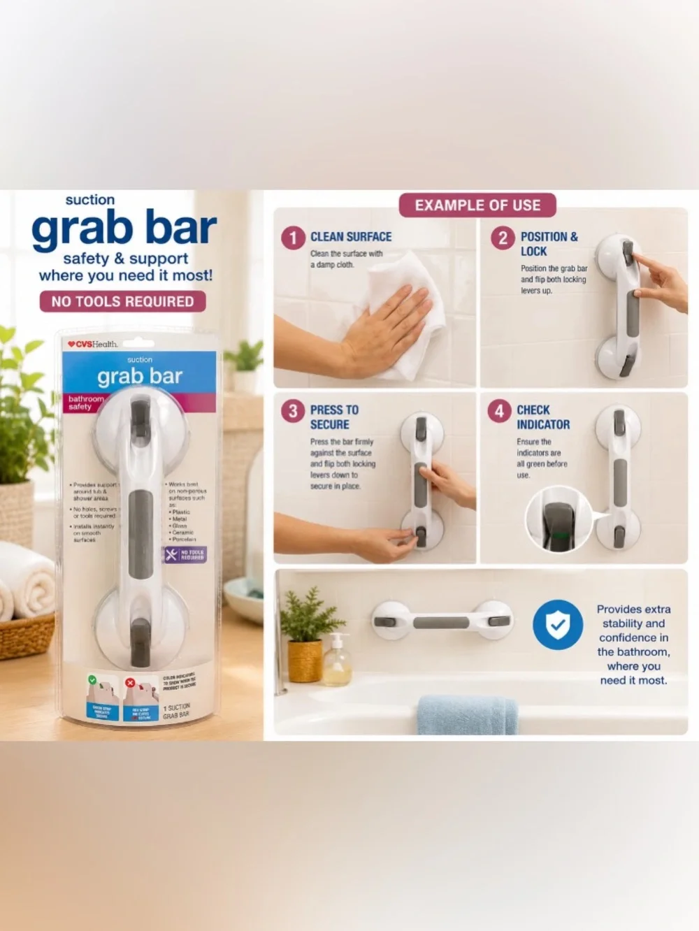CVS Health Suction Grab Bar in White and Gray - No Tools Required